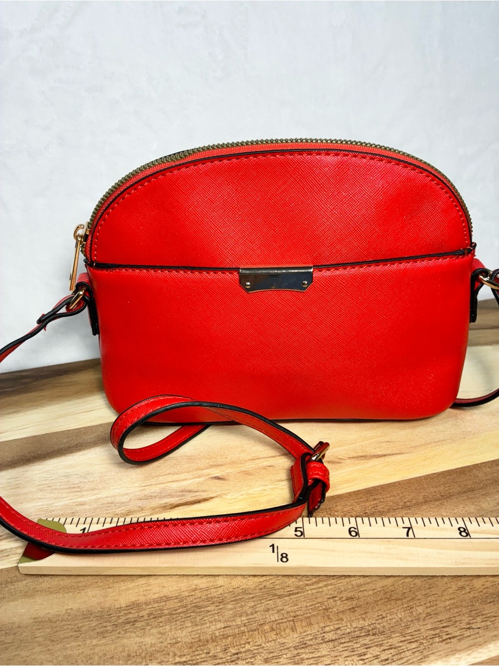 Emperia Red/Orange Faux Leather Dome Crossbody Bag Polka Dot Interior